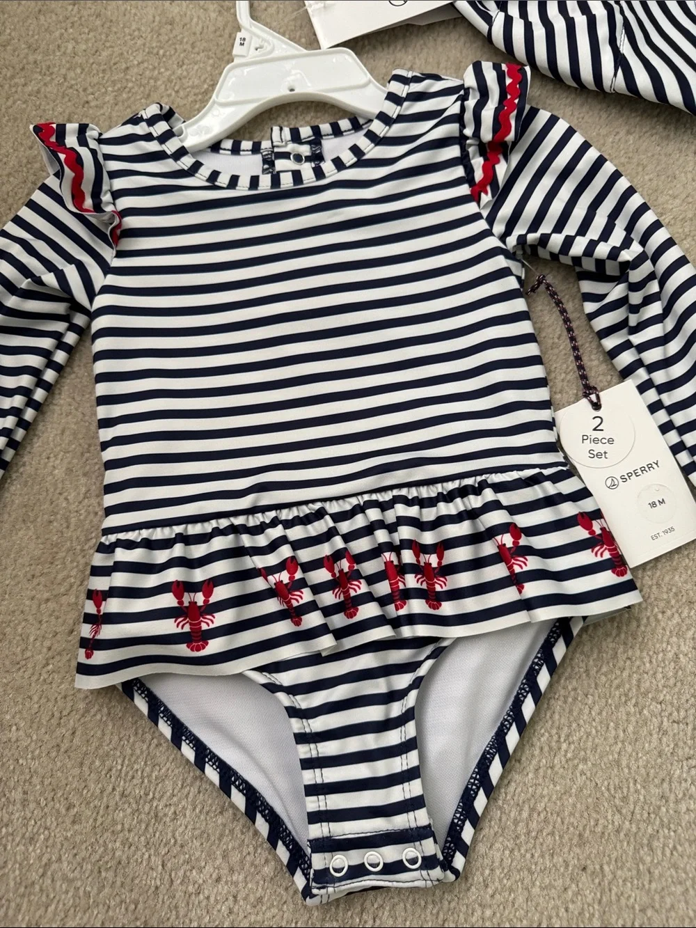 Sperry Navy & White Striped Long-Sleeve One-Piece Swim Set with Red Trim